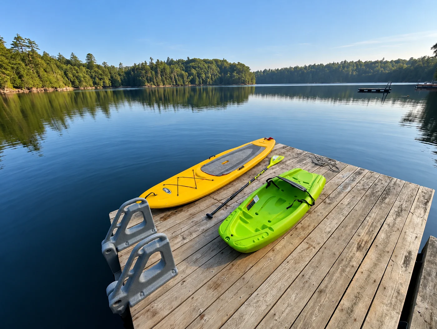 A kayak and paddleboard on the cottage dock beside the clear, calm lake